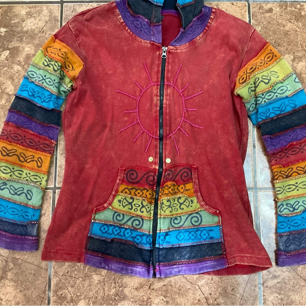 Women’s Red Hooded Zip Jacket with Rainbow Trim - Picture 4 of 7